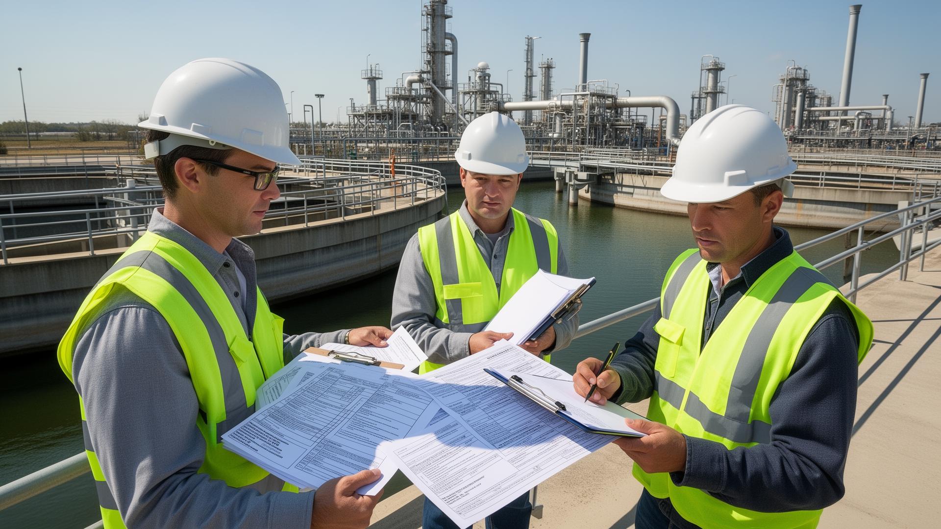 Compliance inspector reviewing permit documentation at an industrial facility