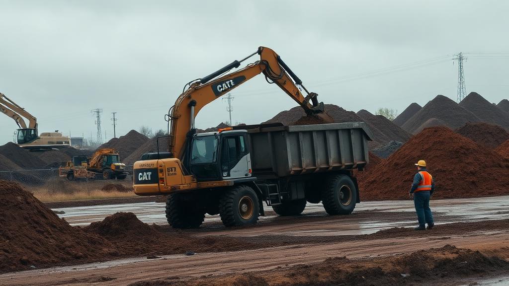 Excavator loading contaminated soil into a haul truck for offsite disposal